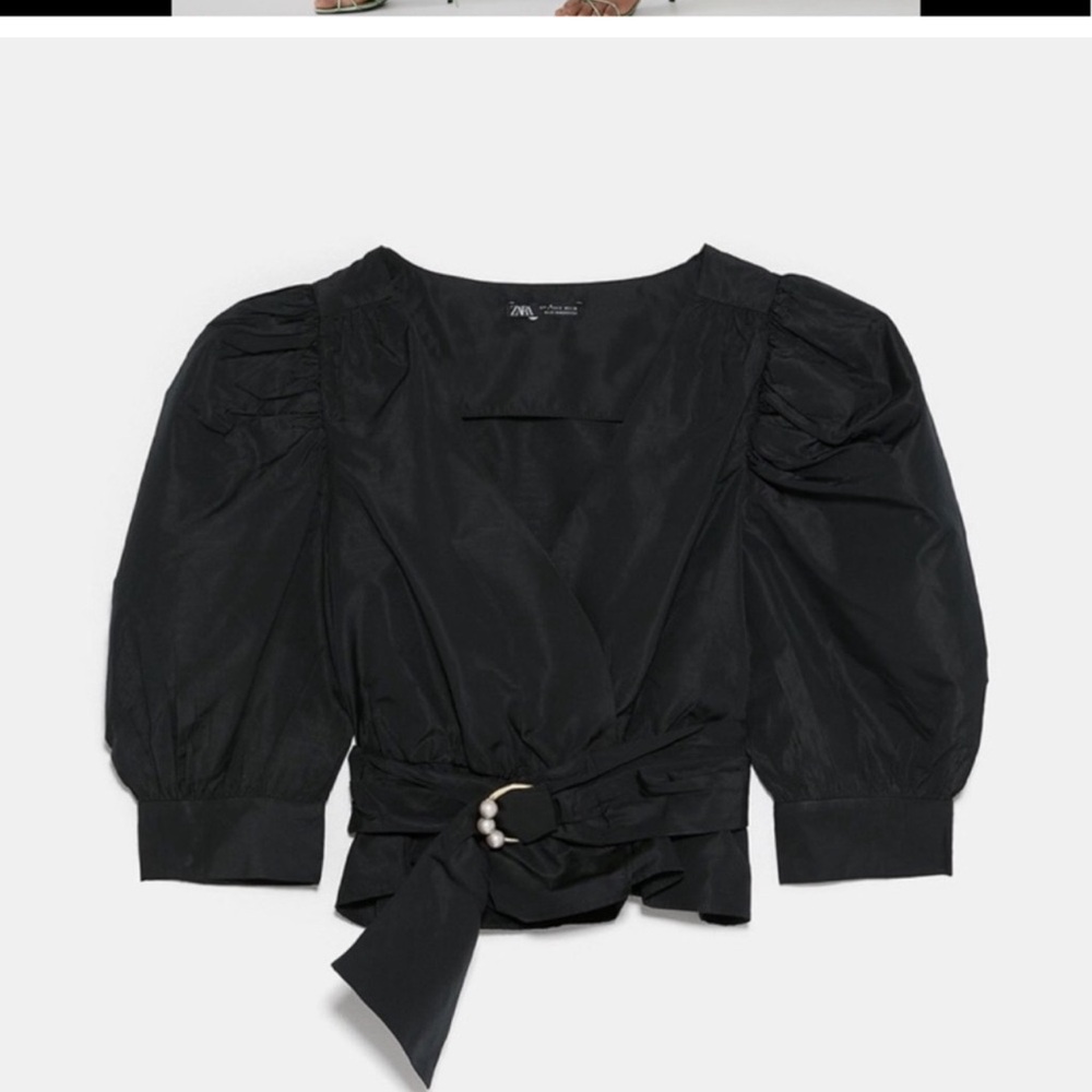 Zara Black Puff Sleeve Wrap Top with Pearl-Accent Belt - Picture 5 of 15